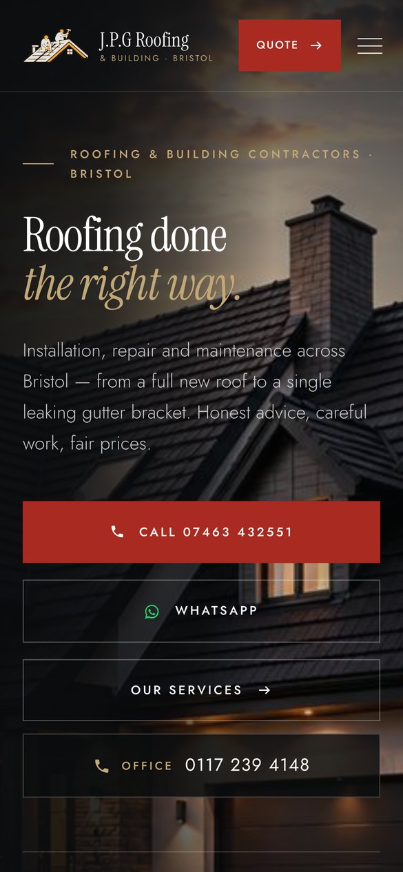 JPG Roofing & Building website on a phone